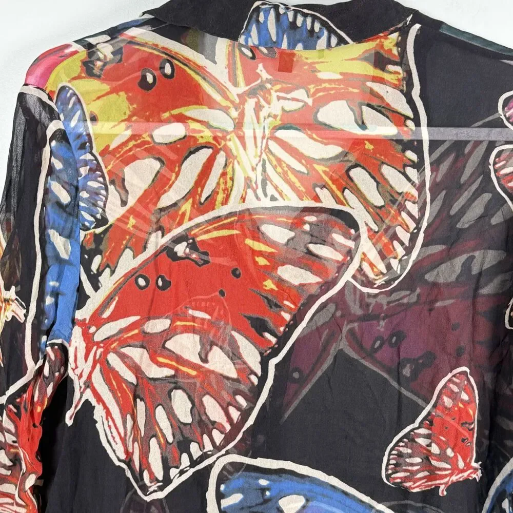 David Dart Silk Top Butterly Semi Sheer Button Up Size 1X USA Festival Vintage